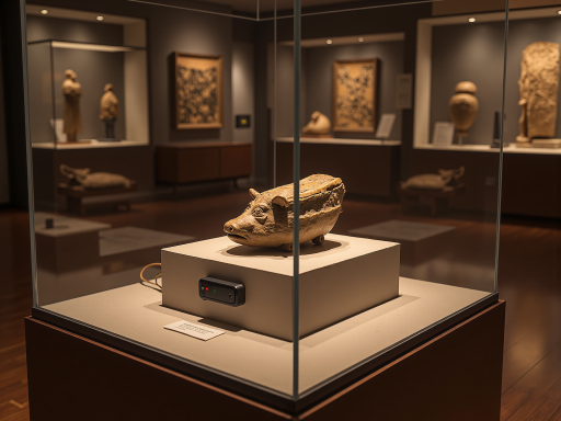 古代石雕狮子,青石材质,雕刻精细,威严庄重,博物馆展台展示